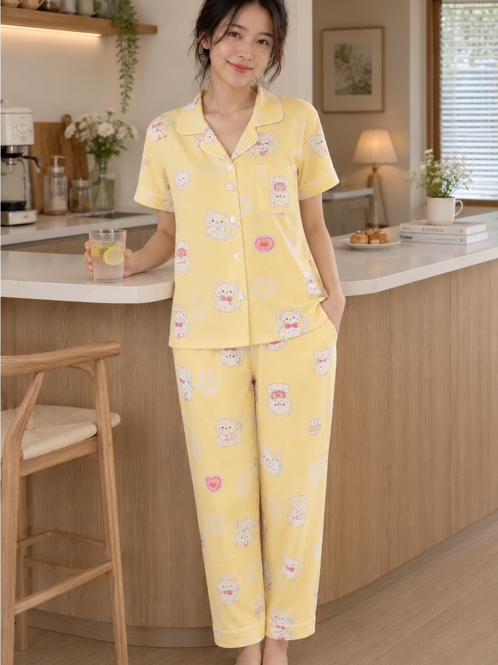 Women's Yellow Bear-Print Short-Sleeve Pajama Set